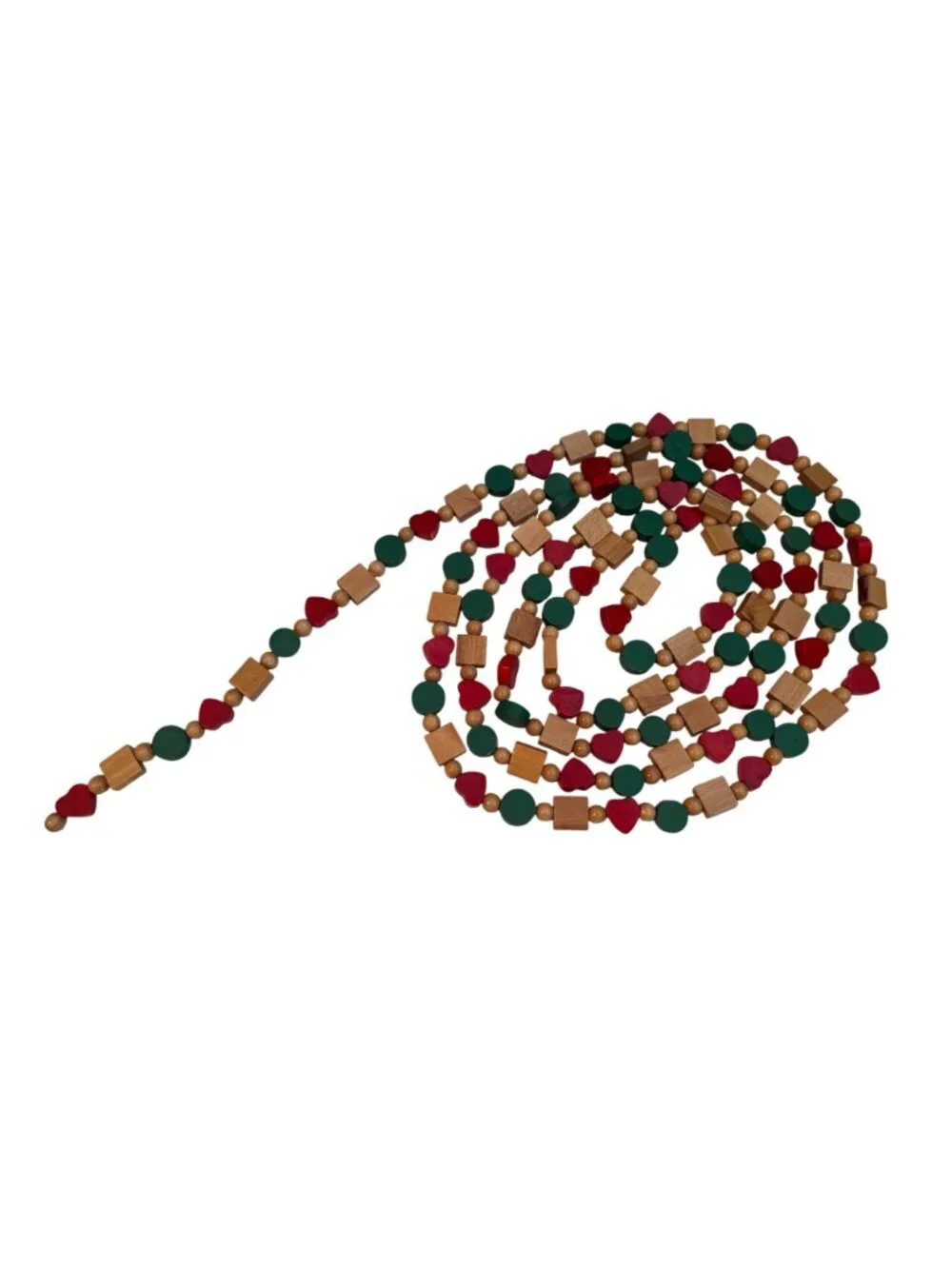 Vintage Wooden Bead Garland - Red Green & Natural Shapes - Heart Circle Square -